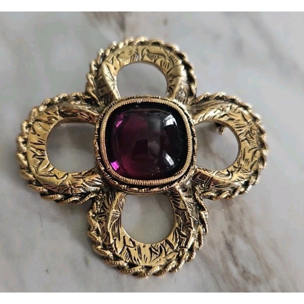 Vintage 1928 Brand Cross Brooch Pin Gold Tone Purple Cabochon Rhinestone